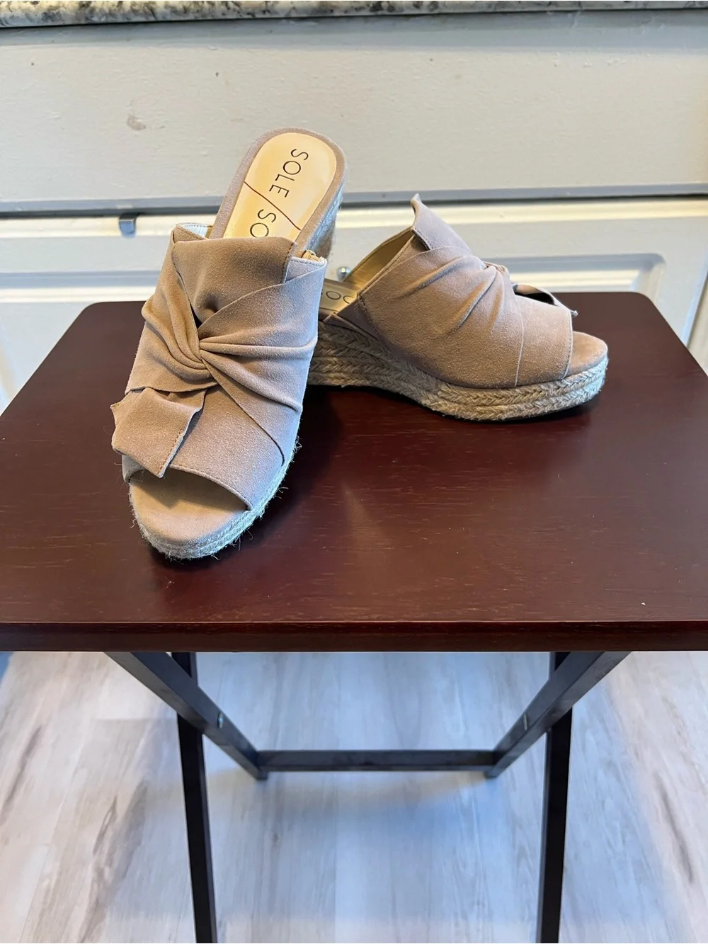 Sole Society Carima Espadrille Women Taupe/ Tan Suede Bow Wedge Sandals Sz 8.5M
